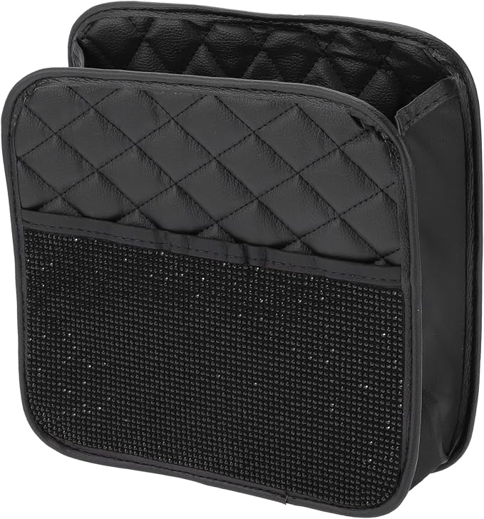 1 Pcs Universal Car Trash Can Hanging 10.2" Length 3.5" Width 10.2" Height Trash Bin Black Faux Leather Rhinestone