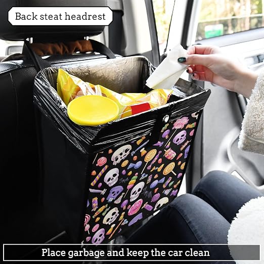 Car Trash Can Organizer Bin with Adjustable Strap for Back Front Seat Console Waterproof Leakproof Collapsible Portable 11 Inch Halloween Skulls Lollipops Candies