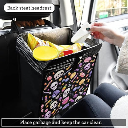 Car Trash Can Organizer Bin with Adjustable Strap for Back Front Seat Console Waterproof Leakproof Collapsible Portable 11 Inch Halloween Skulls Lollipops Candies