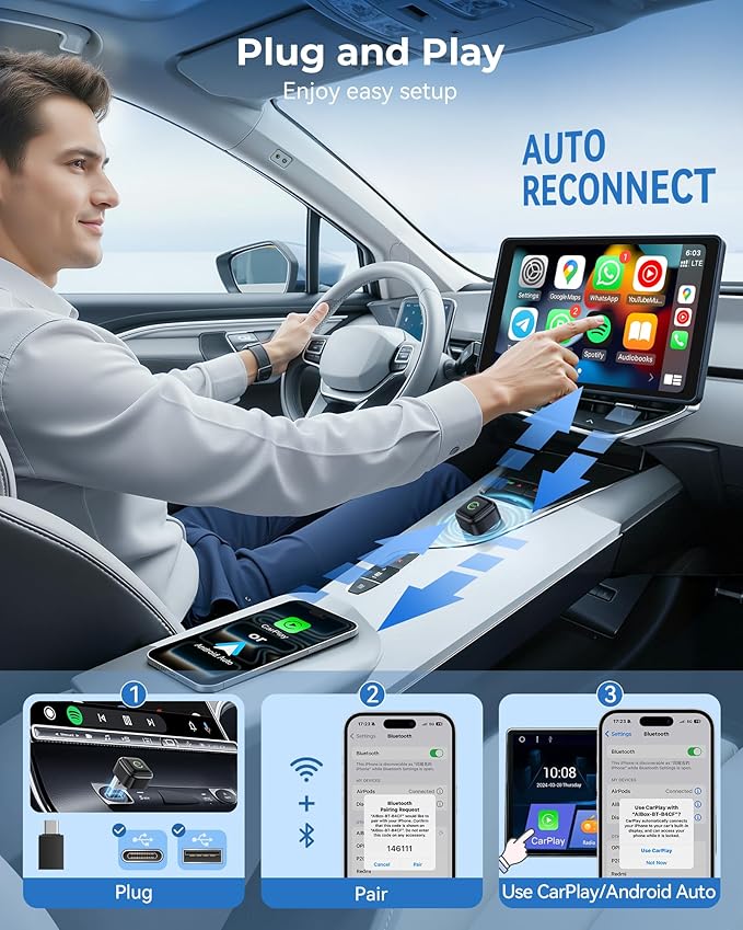 Wireless CarPlay Adapter, Convert Wired to Wireless, 2-in-1 CarPlay & Android Auto, Mini Plug & Play, Fast Auto-Connect & No Latency, USB/USB-C for Cars with Built-in CarPlay & iOS 10+/Android 11+