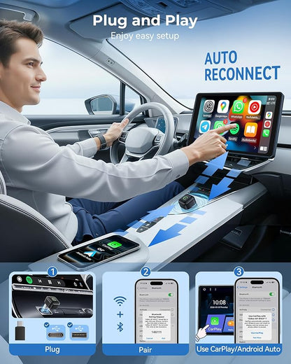 Wireless CarPlay Adapter, Convert Wired to Wireless, 2-in-1 CarPlay & Android Auto, Mini Plug & Play, Fast Auto-Connect & No Latency, USB/USB-C for Cars with Built-in CarPlay & iOS 10+/Android 11+