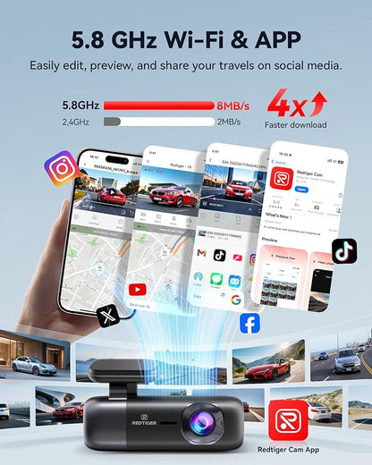 REDTIGER F9 Dash Cam 4K Front and Rear 1080P, 5.8GHz WiFi GPS Car Camera with APP Control, Dual Dash Camera for Cars, Loop Recording, WDR Night Vision, Parking Mode(SD Card Not Included)