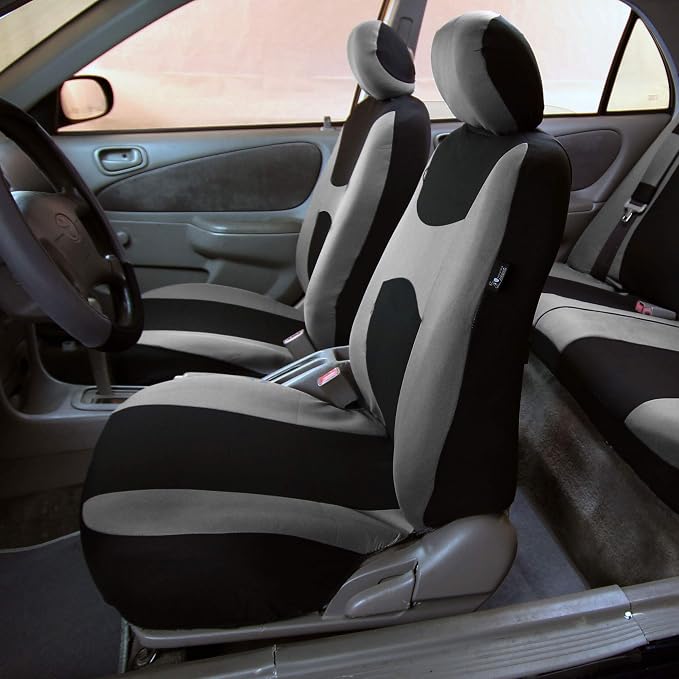 FH Group Car Seat Covers Combo Full Set with Carpet Floor mats Steering Wheel Cover and Seat Belt Pads- Universal Fit for Cars Trucks and SUVs (Gray)
