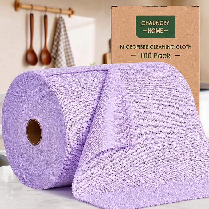 Microfiber Cleaning Cloth Roll - 100 Pack Tear Away Microfiber Paper Towels, Reusable, Washable, Scratch-Free, Kitchen Towels for Car, Home, Kitchen, Glass, Dishes (Light Purple)