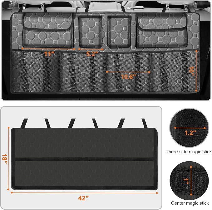 esouler Car Trunk Organizer, Super Capacity Backseat Car Organizer for SUV/Truck/MPV(42"*18"), Hanging Car Storage Organizer with 8 Pocekts, Car Accessories for Women and Men- Grey
