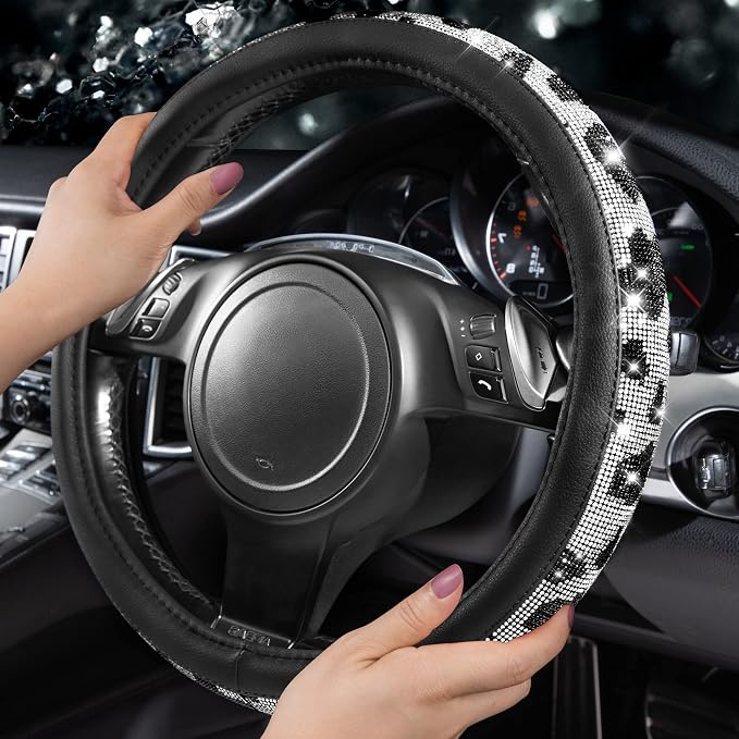 CAR PASS Bling Cow Print Diamond Steering Wheel Cover, with Sparkly Crystal Glitter Rhinestones Black Leather Car Wheel Protect for Women Girl Fit Suvs,Vans,Sedans,Cars,Trucks, 14" 1/2-15" Cow Design