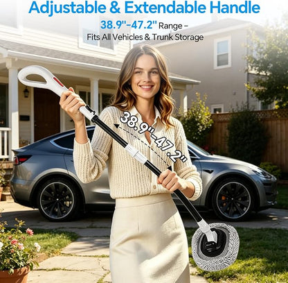 7-in-1, Car Wash Brush 15°Curved with 47" Long Handle and 90° Rotating Replaceable Brush Head, Car Wash Kit with Microfiber Towel and Tire Brush for Car, SUV, RV, Floor Cleaning-White.