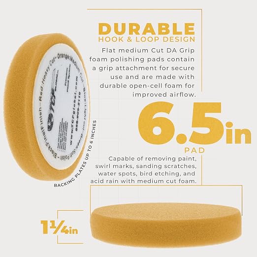 TCP Global 6.7" Orange Flat Medium Cut DA Grip Foam Polish Pad - Hook & Loop Buffer Pads - Car Buffing Pads for Paint Correction, Detailing