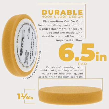 TCP Global 6.7" Orange Flat Medium Cut DA Grip Foam Polish Pad - Hook & Loop Buffer Pads - Car Buffing Pads for Paint Correction, Detailing