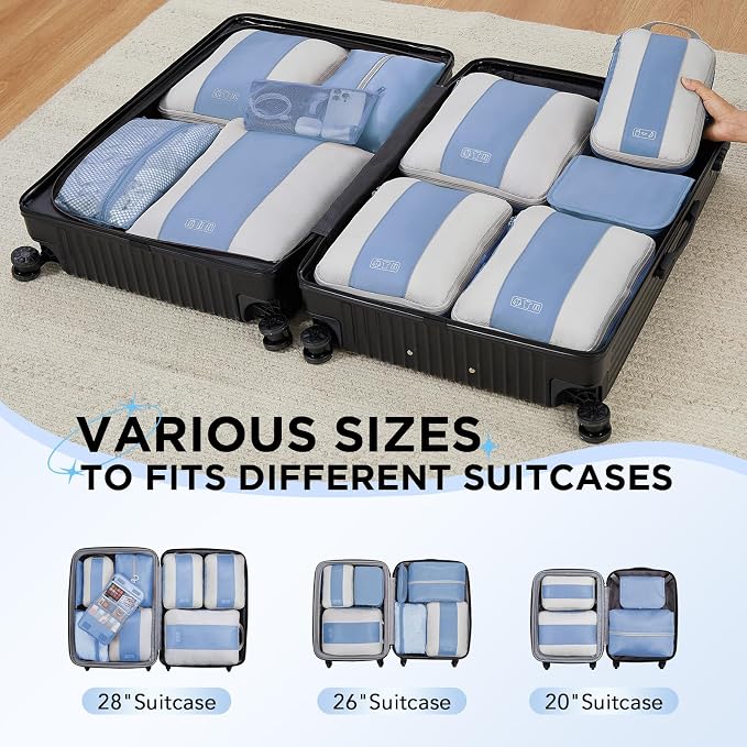 OlarHike 10-Pack Compression Packing Cubes for Travel Essentials,Compressible Expandable Packing Cubes for Suitcase,Luggage Garment Bags for Travel,Handy Helper for Organizing Clothes(Light Blue)