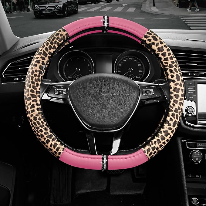 Road Comforts Leopard Steering Wheel Cover for Women, Cute Anti-Slip Microfiber Leather, Fits D Shape Flat Bottom Steering Wheel 14.5-15 Inch - Pink