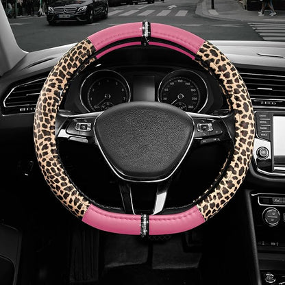 Road Comforts Leopard Steering Wheel Cover for Women, Cute Anti-Slip Microfiber Leather, Fits D Shape Flat Bottom Steering Wheel 14.5-15 Inch - Pink
