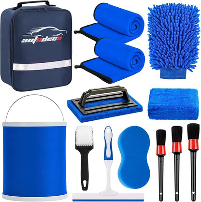 12Pcs Boat Wash Cleaning Kit with Collapsible Bucket Wash Sponge Mitt Microfiber Towel Squeegee Scrub Pads Brushes Complete Interior Exterior Cleaning Set for Boat