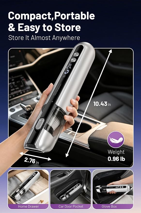 Handheld Cordless Car Vacuum Cleaner 15000Pa, 3-in-1 Portable Vacuum with LED Light,LED Display & Washable HEPA Filter,USB-C Rechargeable, up to 30-Min Runtime for Car, Home, Desk & Pet Hair(white)