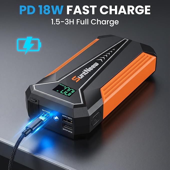 Jump Starter Power Bank 8000mAh (Up to 6.5L Petrol/5.0L Diesel),12V Battery Booster for Cars, Trucks, SUVs & Motorcycles,Compact Design with LED Light & PD 18W USB -Orange