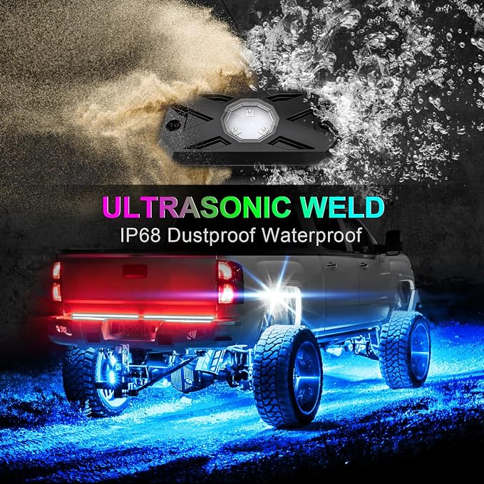 YiLaie RGB LED Rock Lights Kit 4 Pods, Upgraded Underglow Multicolor LED Light Pod with APP/RF Remote Control, Flashing Music Mode, Waterproof Multicolor Rock Lights for Trucks ATV UTV RZR SUV