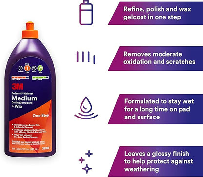 3M Perfect-It Gelcoat Medium Cutting Compound + Wax, 36106, 1 Quart, One-Step Process, P1500 and Finer Scratches, Fiberglass Oxidation Remover for Boats and RVs