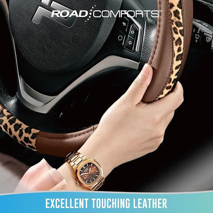 Road Comforts Steering Wheel Cover - Made with PVC Leather and Leopard Fabric - Universal 14 1/2 inches to 15 inches for Most Automotive Steering Wheel - Cheetah Print - Brown