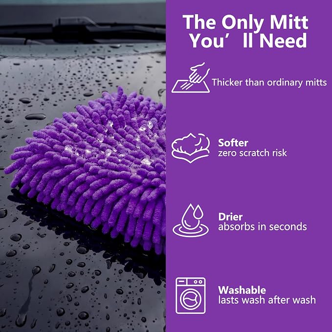 Car Wash Mitt,Detailing Ultra-Soft Chenille Microfiber Auto Gloves,Scratch-Free&Lint-Free,Safe for Trucks,SUVs, RVs&More