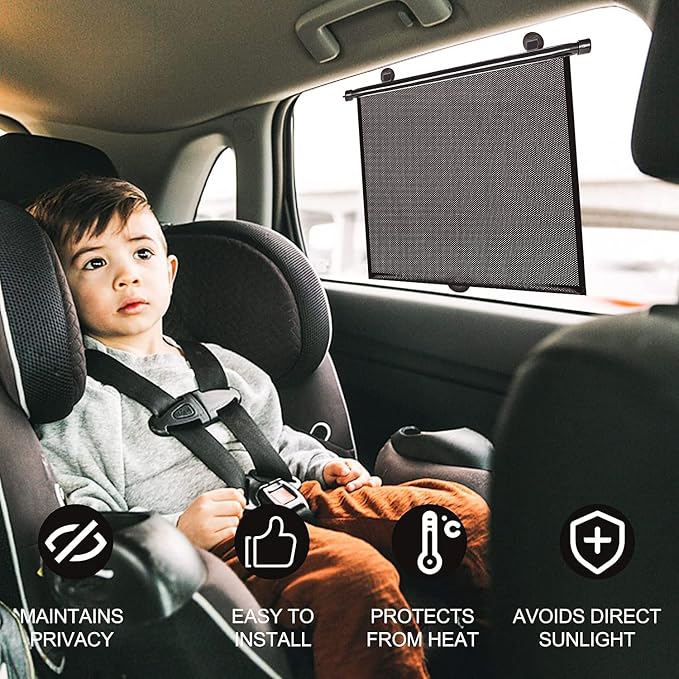 2 Pack Large Car Side Window Sun Shade for Baby, Retractable Roller Car Window Shades UV Protection, Clip-On Sunshade for SUV Truck Rear Side Window, 18" x 20" Vehicle Sun Protection Shade