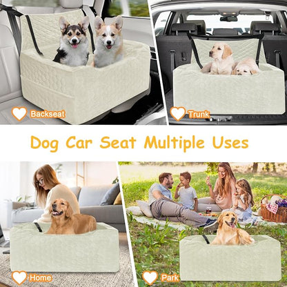 Dog Car Seat for Medium/Large Dog Booster Seat Under 60 lbs or 2 Small Dogs, Multi-Functional Pet Car Seat with Thick Cushion, 2 Safety Leashes (White)