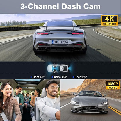 4K+1080P+1080P 5.8GHz WiFi Dash Cam Front and Rear Inside, Free 64G SD Card, 4K UHD 3 Channel Dash Camera for Cars, 360° All Sides Dashcam, G-Sensor, Night Vision, WDR, 24H Parking Monitor