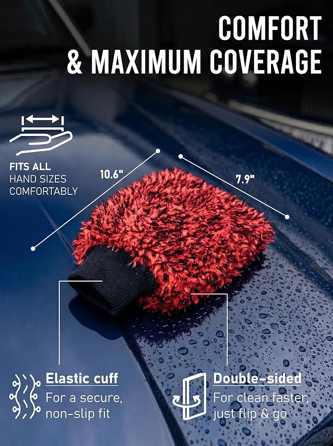 TAKAVU Car Wash Mitt Scratch Free, 2 Pack Microfiber Wash Mitts for Auto Detailing, Soft Lint Free Cleaning Gloves, Holds Sudsy Water, Machine Washable (Red & Black)
