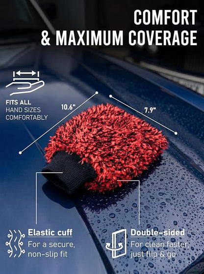 TAKAVU Car Wash Mitt Scratch Free, 2 Pack Microfiber Wash Mitts for Auto Detailing, Soft Lint Free Cleaning Gloves, Holds Sudsy Water, Machine Washable (Red & Black)