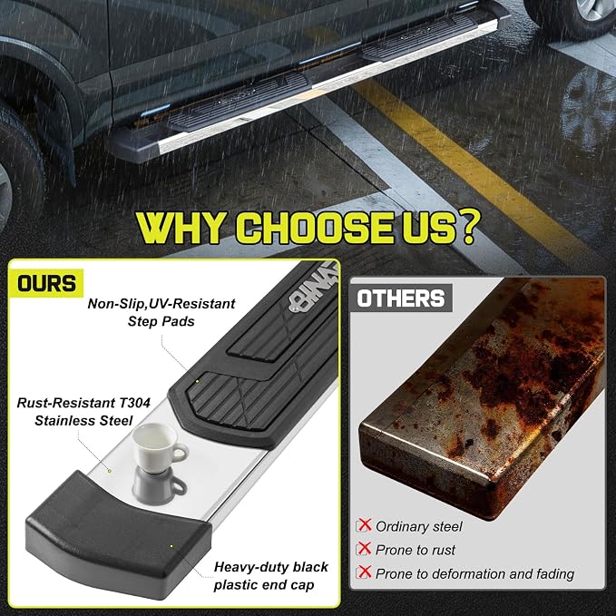 BINARY STAR 6 Inch Running Boards Compatible with 2009-2018 Dodge Ram 1500 Crew Cab(Incl. 2019-2024 Classic), 2010-2026 Ram 2500 3500, High Light Stainless Steel Step Bars Nerf Bars Steps.