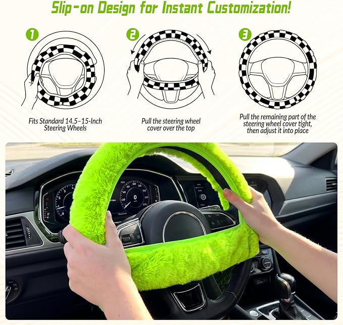 5 Pcs Fuzzy Green Car Accessories Set, Soft Fluffy Plush Steering Wheel Cover, Center Console Armrest Pad & Rearview Mirror Cover - Interior Decorations for Women,Universal Fit (Green)