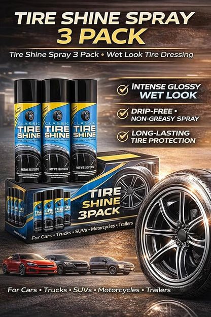 Tire Shine Spray 3 Pack High Gloss Wet Look UV Protection 15oz w/Pad | Professional-grade formula resists water and rain. Safe for all rubber types. Prevents cracking and fading from sun damage.