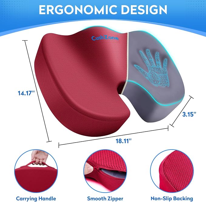 CushZone Seat Cushion, Office Chair Cushions, Car Seat Cushion, Non-Slip Sciatica & Back Coccyx Tailbone Pain Relief Chair Pad, Memory Foam (Red)