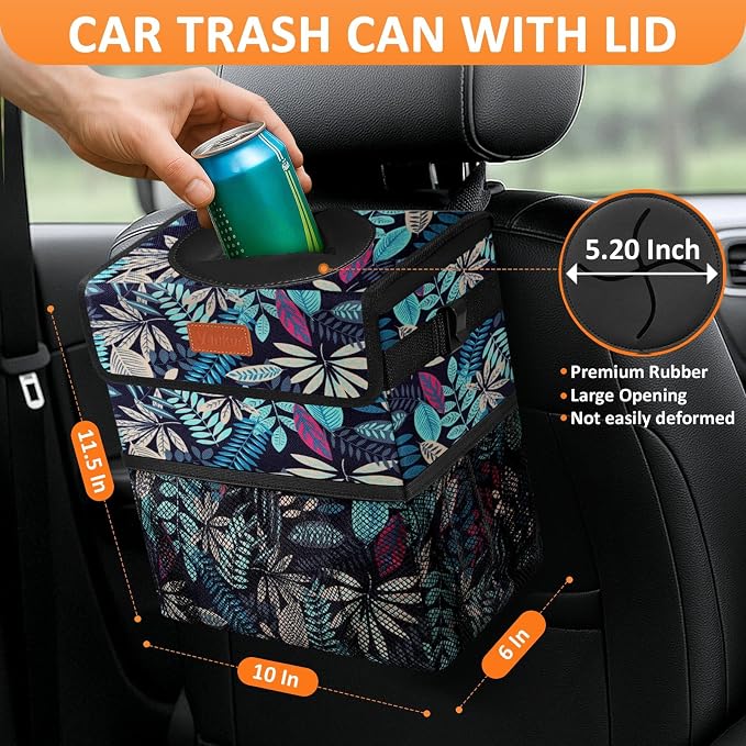 Vankor 3 Gallons Car Trash Can with Lid, Bag Bin Hanging Waterproof Automotive Car Garbage Cans Leak Proof Vehicle Trash Can for Truck SUV,Colorful Leaves