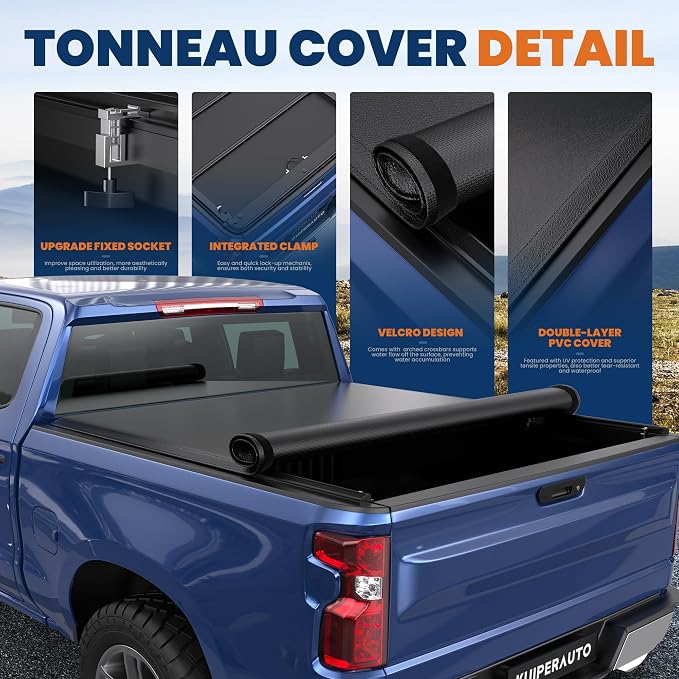 KUIPERAUTO 6.5FT Roll-Up Soft Vinyl Truck Bed Tonneau Cover Compatible for 19-26 Chevy Silverado/GMC Sierra 1500 (Excludes 2019 Classic Model) w/o Multi-Flex Tailgate Fleetside On Top -78 Inch