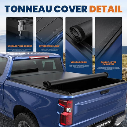 KUIPERAUTO 6.5FT Roll-Up Soft Vinyl Truck Bed Tonneau Cover Compatible for 19-26 Chevy Silverado/GMC Sierra 1500 (Excludes 2019 Classic Model) w/o Multi-Flex Tailgate Fleetside On Top -78 Inch