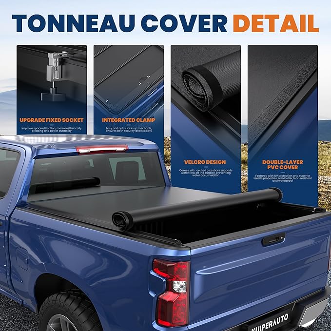 KUIPERAUTO 6.5FT Roll-Up Soft Vinyl Truck Bed Tonneau Cover Compatible for 99-06 Chevy Chevrolet Silverado/GMC Sierra 1500 2500 3500 HD (07 Classic Only) Fleetside -78 Inch