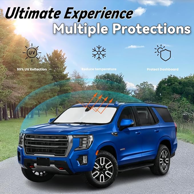 Windshield Sun Shade for 2022-2025 GMC Yukon 2018-2025 VW Atlas | Car Front Window Sunshade with 240T Sun Visor Protector Blocks UV Rays Heat Shield Accessories