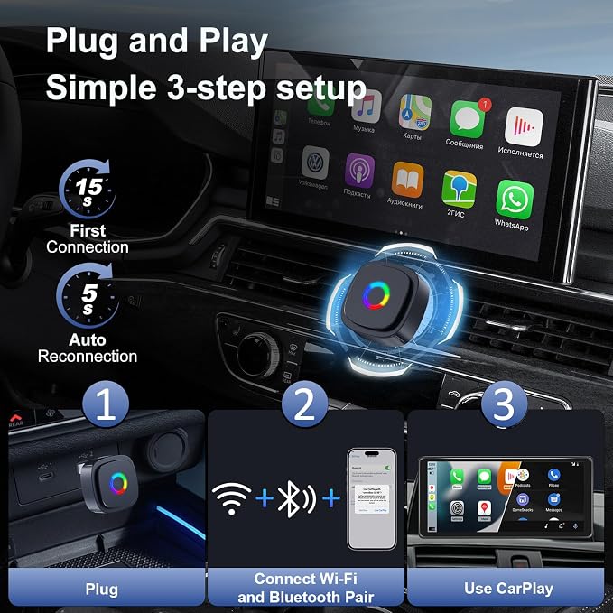 2-in-1 Wireless CarPlay Adapter for Apple iPhone & Android, Adapter Convert Wired to Wireless CarPlay, Mini USB Car Play Adapter with Type-C Extension, Plug and Play, Stable Connection & No Latency