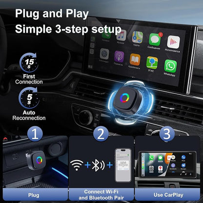 2-in-1 Wireless CarPlay Adapter for Apple iPhone & Android, Adapter Convert Wired to Wireless CarPlay, Mini USB Car Play Adapter with Type-C Extension, Plug and Play, Stable Connection & No Latency