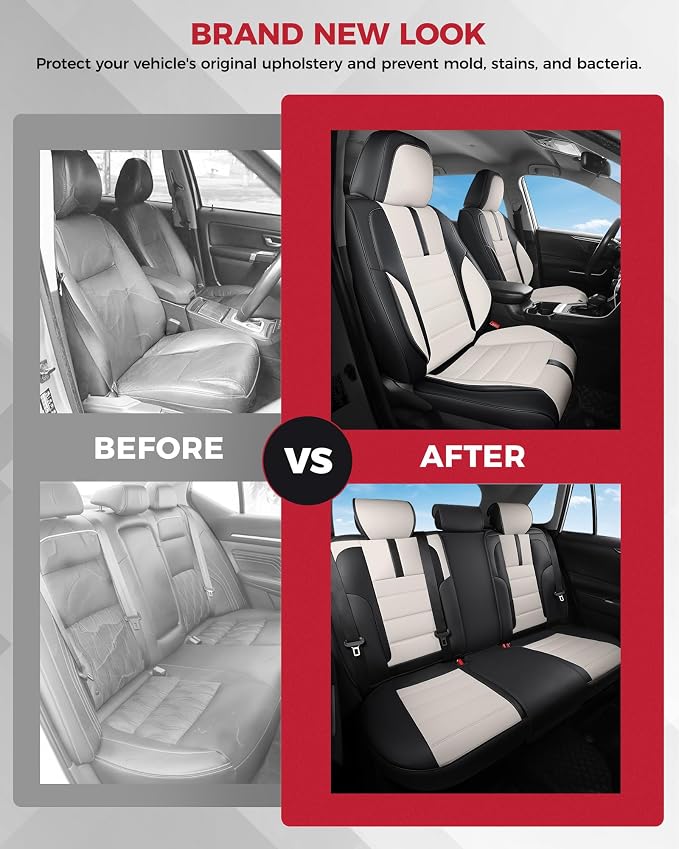 FREESOO Universal Full Seat Covers, Waterproof Faux Leather Automotive Seat Covers with Carbon Fiber Texture Seat Belt Pads, Anti-Slip Airbag Compatible Car Seat Covers for Cars SUVs Trucks