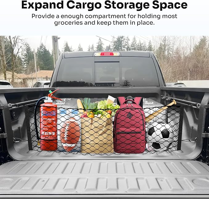 Canvcle Truck Bed Cargo Net for 2019-2025 2026 Dodge Ram 1500 Accessories Envelope Style Mesh Trunk Net Organizer and Storage Stretchable Adjustable Elastic Nylon Rear Cargo Netting with Hooks