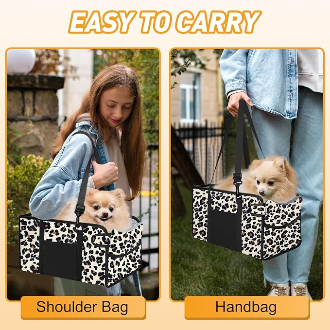 Portable Dog Car Seat for Small Dogs - Adjustable Safety Leash, Washable Cushion & Storage Pocket - Pet Booster Seat for Car Travel- Leopard