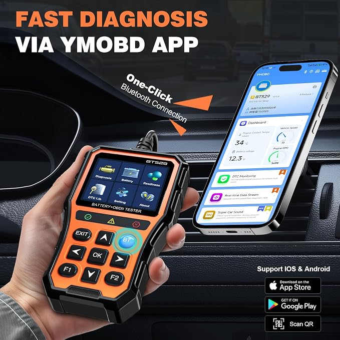 BT529 Bluetooth OBD2 Scanner & Car Battery Tester,2-in-1 Car Diagnostic Tool for iPhone & Android, Check Engine Code Reader,Performance Test, Trip Analysis, 12V Battery Analyzer for All 1996+ Vehicles
