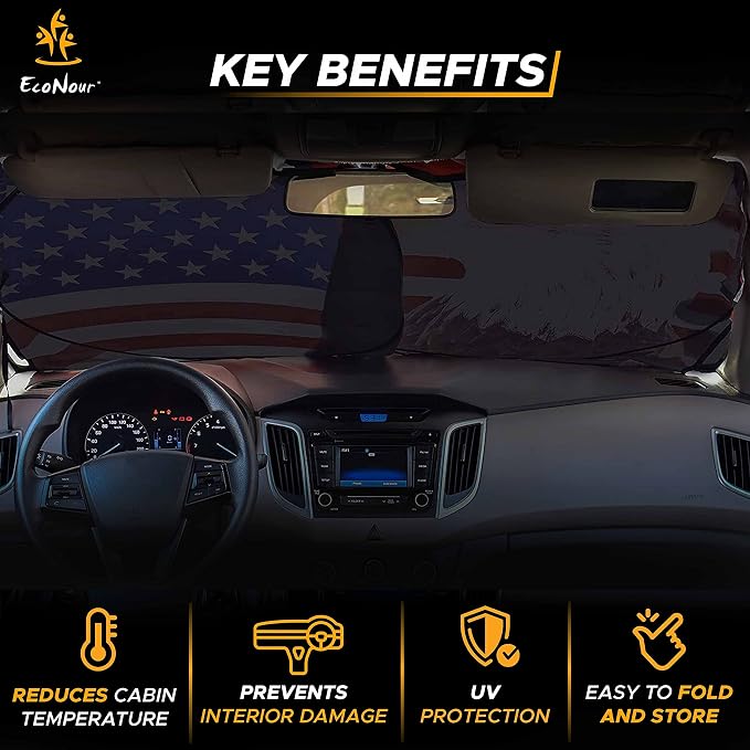 EcoNour 240T Windshield Sun Shade – American Flag & Bald Eagle – UV & Heat Protection for Cars, Interior Cool Trucks, SUVs – Foldable Reflective Sun Visor (64" x 34")