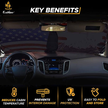 EcoNour 240T Windshield Sun Shade – American Flag & Bald Eagle – UV & Heat Protection for Cars, Interior Cool Trucks, SUVs – Foldable Reflective Sun Visor (64" x 34")
