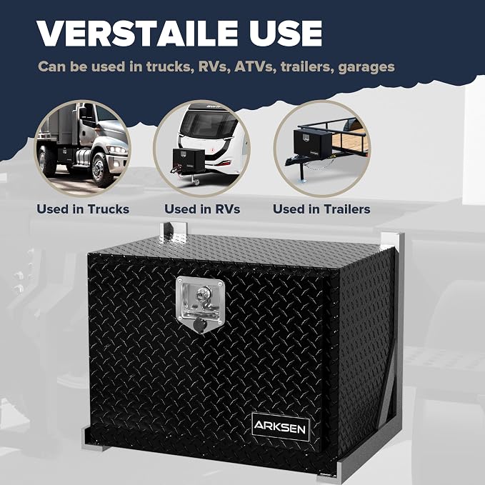 ARKSEN 24 x 17 x 18 Inch Underbody Tool Box, Heavy Duty Aluminum Diamond Plate Waterproof Square Storage Organizer Chest with T-Handle Lock & Keys for Pickup Truck, RV & Trailer – Black