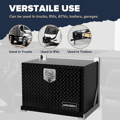 ARKSEN 24 x 17 x 18 Inch Underbody Tool Box, Heavy Duty Aluminum Diamond Plate Waterproof Square Storage Organizer Chest with T-Handle Lock & Keys for Pickup Truck, RV & Trailer – Black