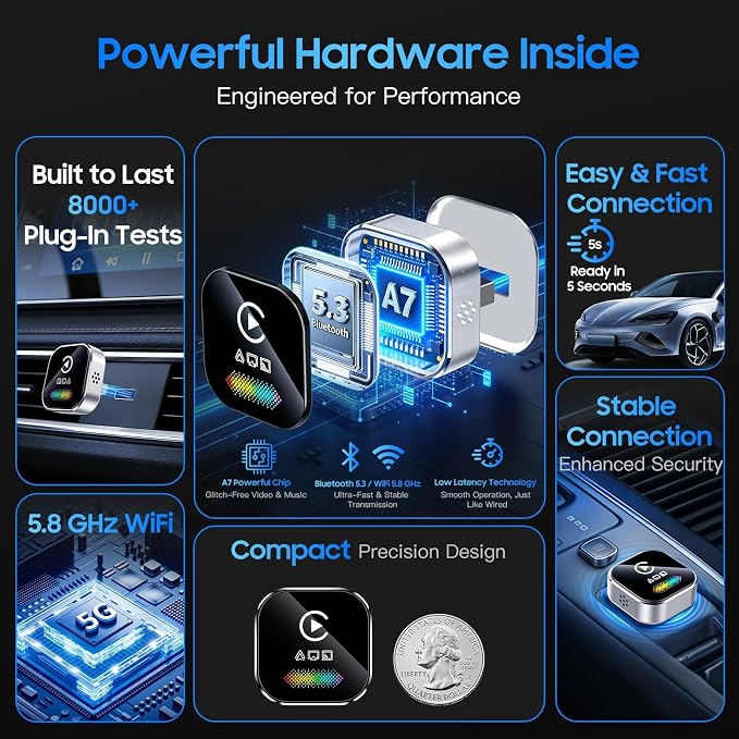 Wireless CarPlay Adapter for iPhone – 2026 4-in-1 Dongle with AirPlay & Screen Mirroring, Low Latency, 5-Second Auto Connect for Wired Cars, Includes USB A/C（Silvery）