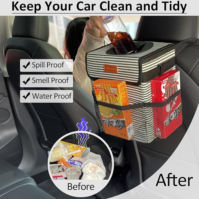 ELONGRIVER Car Trash Can for Car with Lid, Car Organizer Can Trash Bag Hanging Leak Proof Vehicle Trash Can (Stripe Print, 2 Gallons)