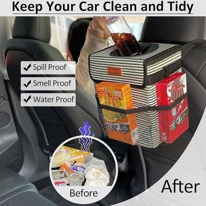 ELONGRIVER Car Trash Can for Car with Lid, Car Organizer Can Trash Bag Hanging Leak Proof Vehicle Trash Can (Stripe Print, 2 Gallons)